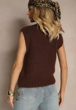 Brązowa Sweterkowa Kamizelka z Wełną z Prążkowanego Materiału Titheora