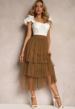 Brązowa Tiulowa Spódnica Rozkloszowana z Plisowaniem High Waist Eveleena