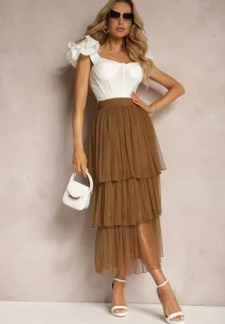 Brązowa Tiulowa Spódnica Rozkloszowana z Plisowaniem High Waist Eveleena