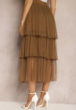 Brązowa Tiulowa Spódnica Rozkloszowana z Plisowaniem High Waist Eveleena