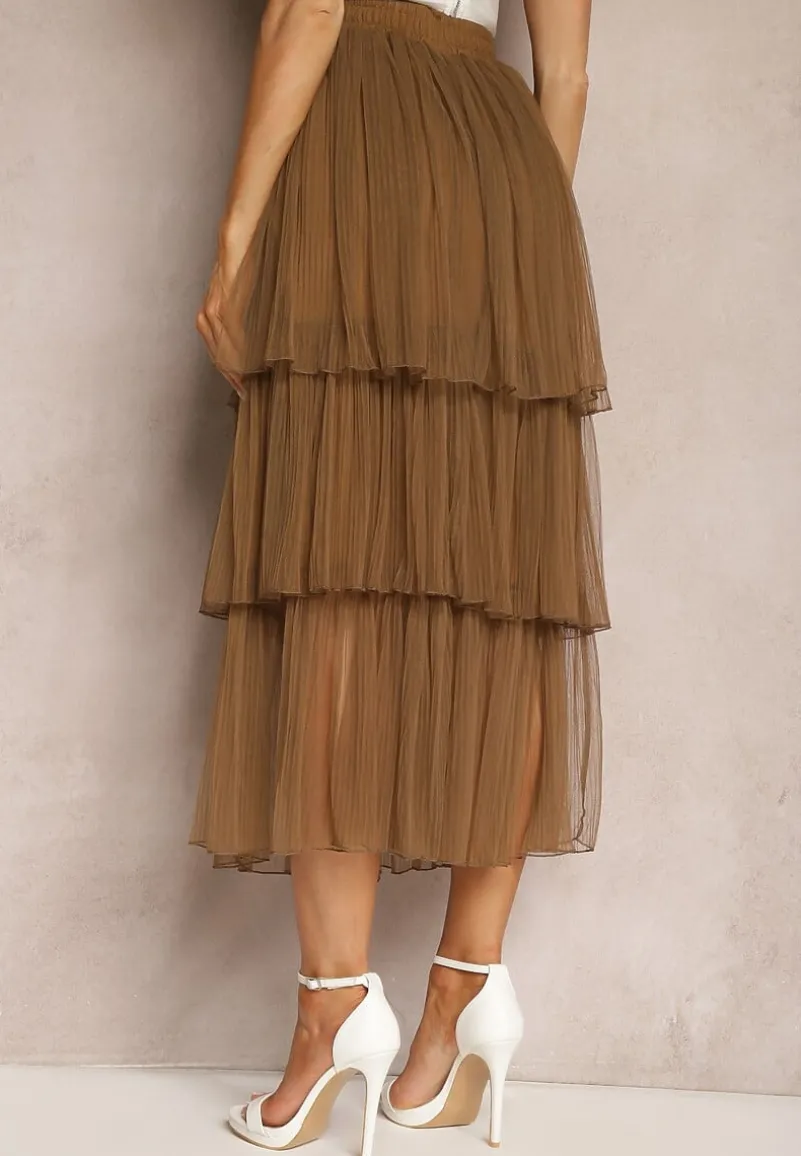 Brązowa Tiulowa Spódnica Rozkloszowana z Plisowaniem High Waist Eveleena