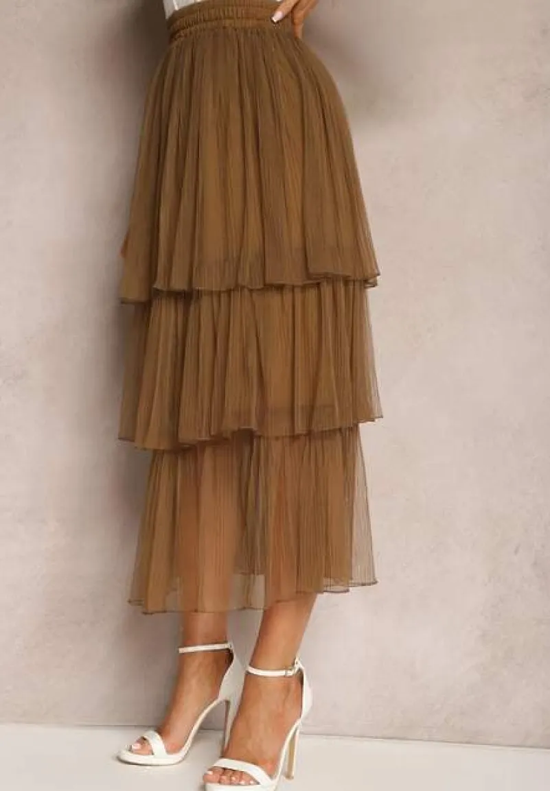 Brązowa Tiulowa Spódnica Rozkloszowana z Plisowaniem High Waist Eveleena