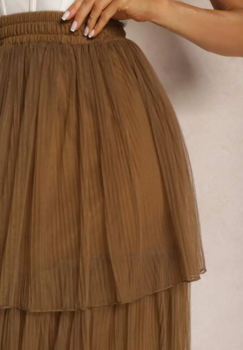 Brązowa Tiulowa Spódnica Rozkloszowana z Plisowaniem High Waist Eveleena