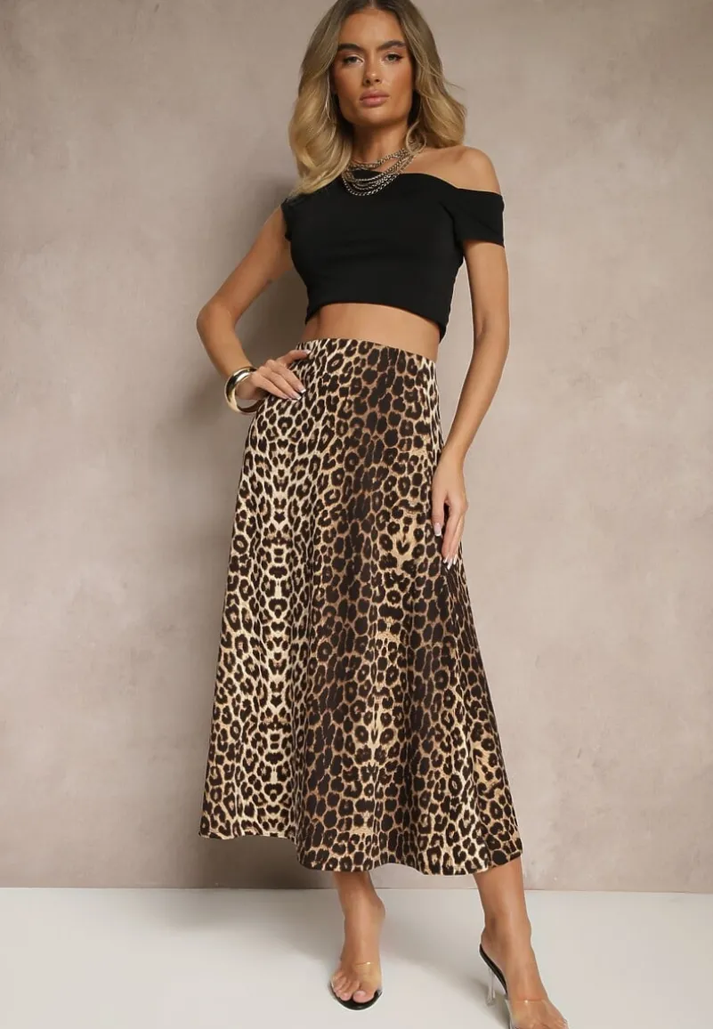 Brązowa Trapezowa Spódnica w Panterkę High Waist w Panterkowy Wzór z Gumką w Pasie Iliga