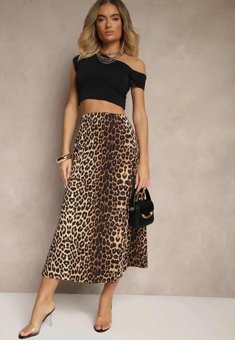 Brązowa Trapezowa Spódnica w Panterkę High Waist w Panterkowy Wzór z Gumką w Pasie Iliga