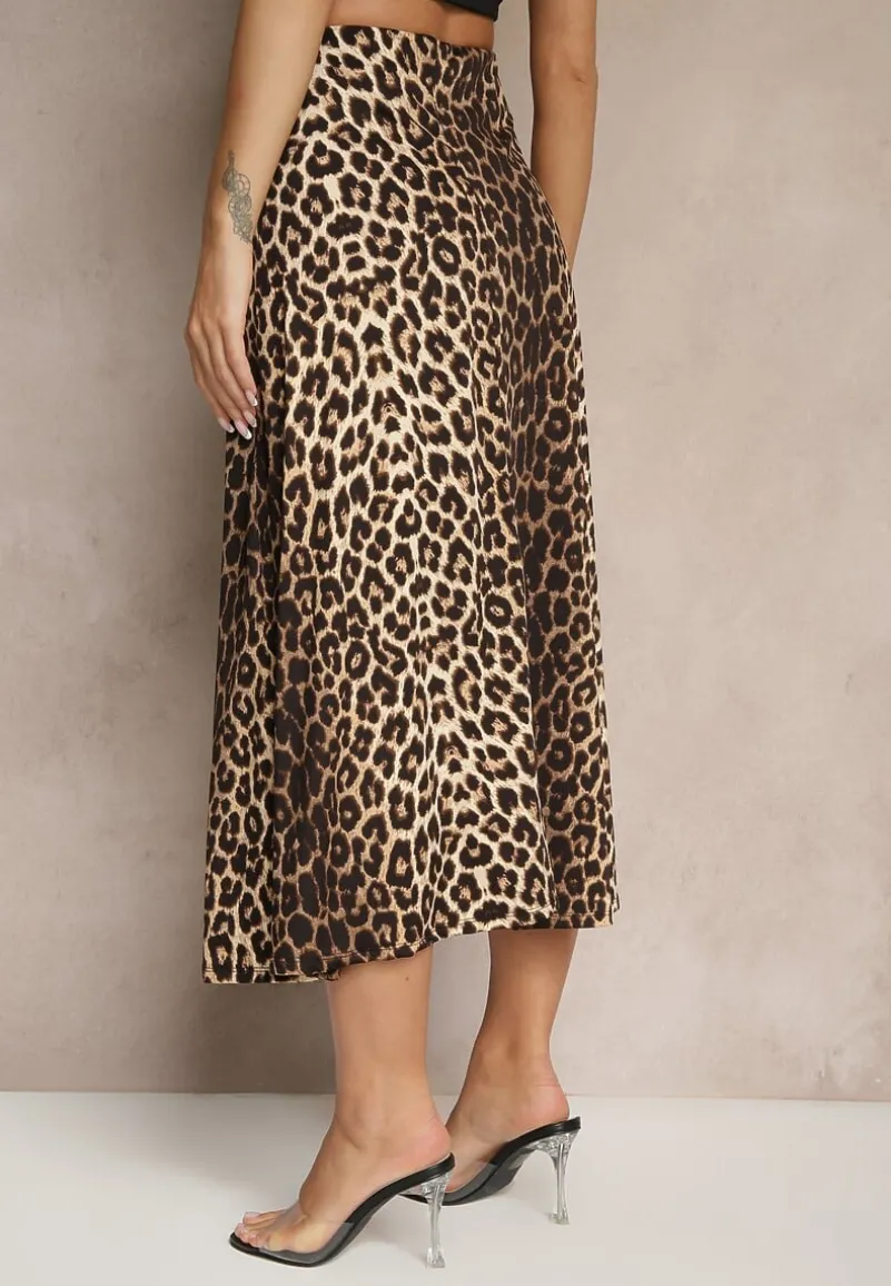 Brązowa Trapezowa Spódnica w Panterkę High Waist w Panterkowy Wzór z Gumką w Pasie Iliga