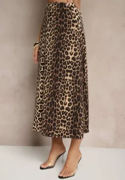 Brązowa Trapezowa Spódnica w Panterkę High Waist w Panterkowy Wzór z Gumką w Pasie Iliga