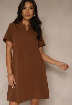 Brązowa Trapezowa Sukienka Mini z Krótkim Rękawem i Kieszeniami Vrea