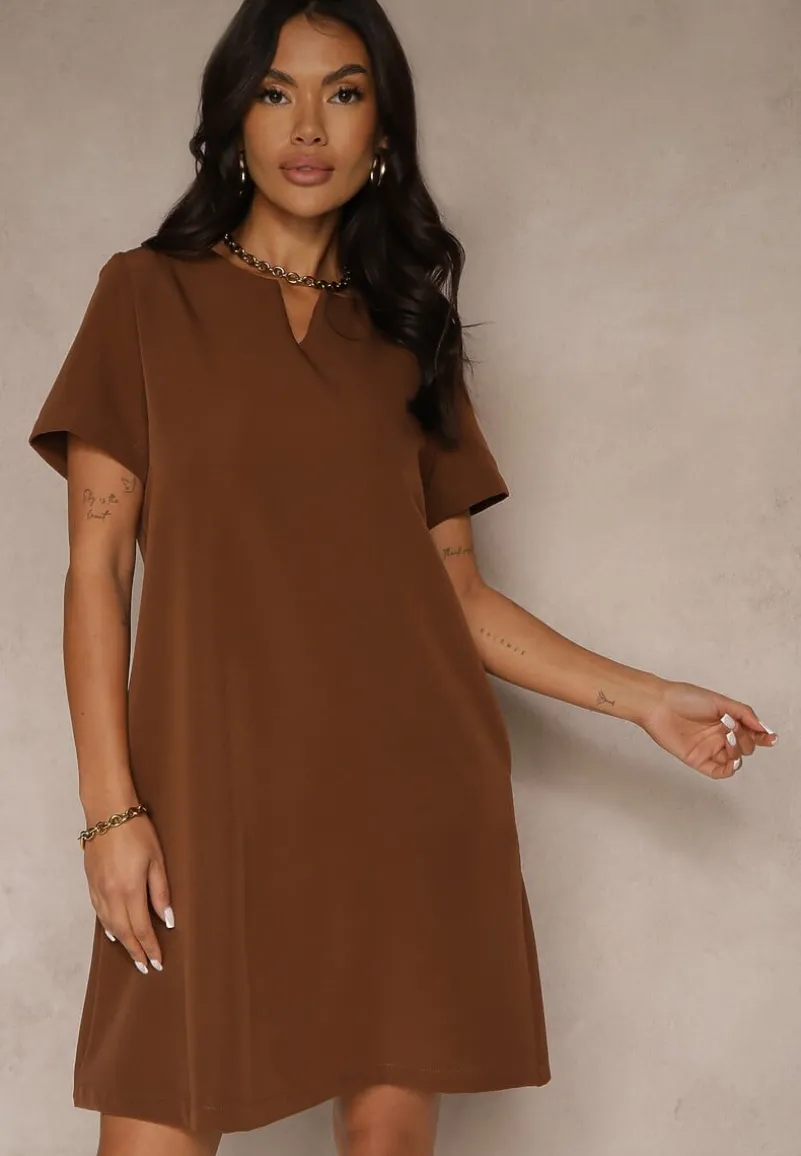 Brązowa Trapezowa Sukienka Mini z Krótkim Rękawem i Kieszeniami Vrea