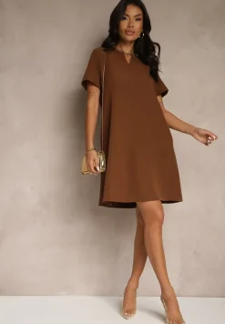Brązowa Trapezowa Sukienka Mini z Krótkim Rękawem i Kieszeniami Vrea