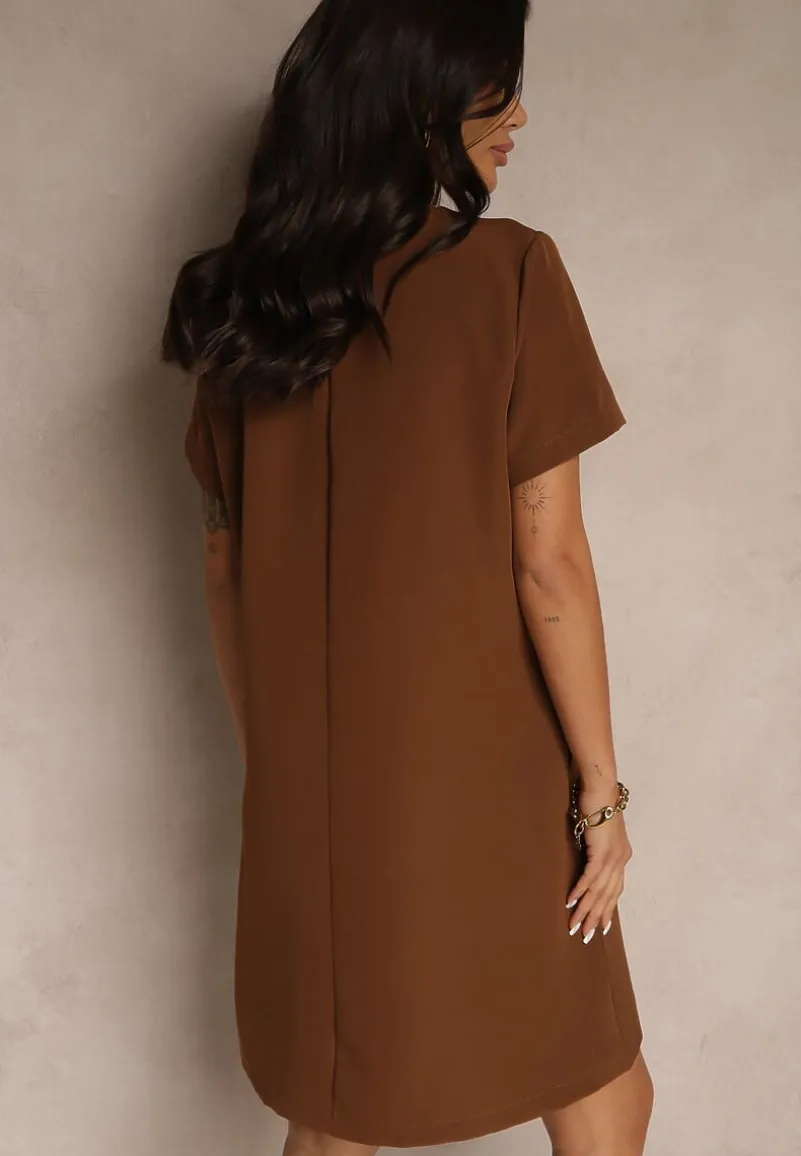 Brązowa Trapezowa Sukienka Mini z Krótkim Rękawem i Kieszeniami Vrea