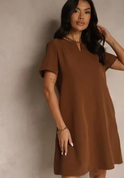 Brązowa Trapezowa Sukienka Mini z Krótkim Rękawem i Kieszeniami Vrea