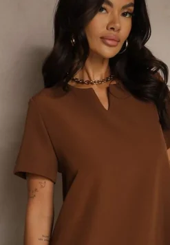 Brązowa Trapezowa Sukienka Mini z Krótkim Rękawem i Kieszeniami Vrea