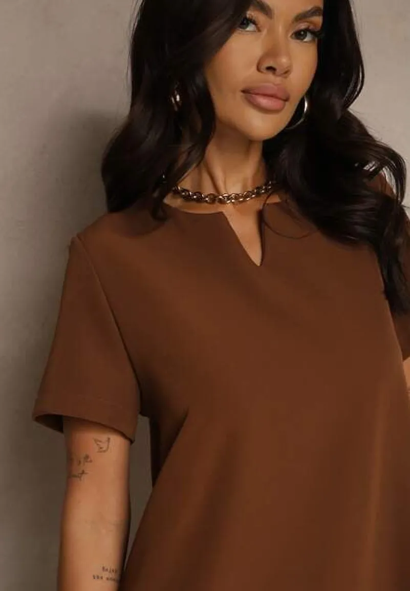 Brązowa Trapezowa Sukienka Mini z Krótkim Rękawem i Kieszeniami Vrea