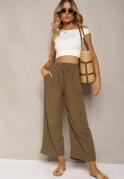 Brązowe Spodnie z Bawełny Typu Palazzo z Gumką w Talii Fieana