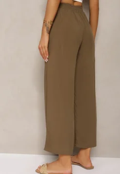 Brązowe Spodnie z Bawełny Typu Palazzo z Gumką w Talii Fieana