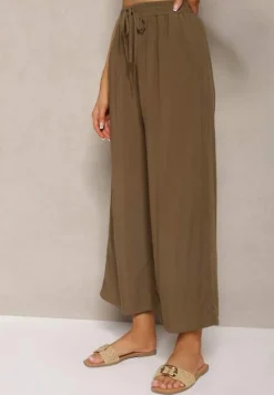 Brązowe Spodnie z Bawełny Typu Palazzo z Gumką w Talii Fieana