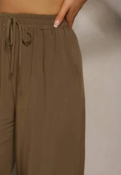 Brązowe Spodnie z Bawełny Typu Palazzo z Gumką w Talii Fieana