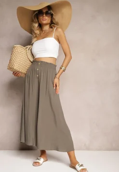 Brązowe Wiskozowe Spodnie Palazzo z Gumką w Talli Zdobione Guzikami z Nogawkami 3/4 Efinna