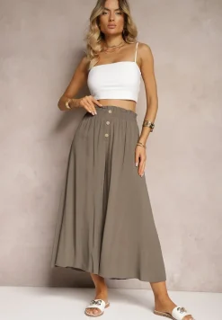 Brązowe Wiskozowe Spodnie Palazzo z Gumką w Talli Zdobione Guzikami z Nogawkami 3/4 Efinna