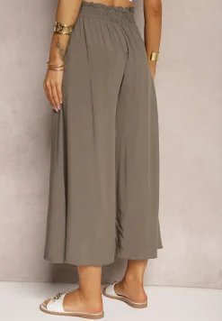 Brązowe Wiskozowe Spodnie Palazzo z Gumką w Talli Zdobione Guzikami z Nogawkami 3/4 Efinna