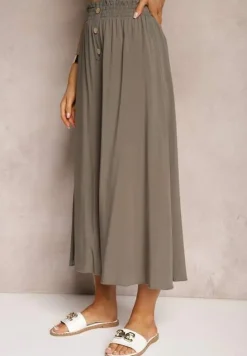 Brązowe Wiskozowe Spodnie Palazzo z Gumką w Talli Zdobione Guzikami z Nogawkami 3/4 Efinna