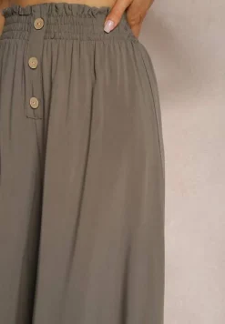 Brązowe Wiskozowe Spodnie Palazzo z Gumką w Talli Zdobione Guzikami z Nogawkami 3/4 Efinna