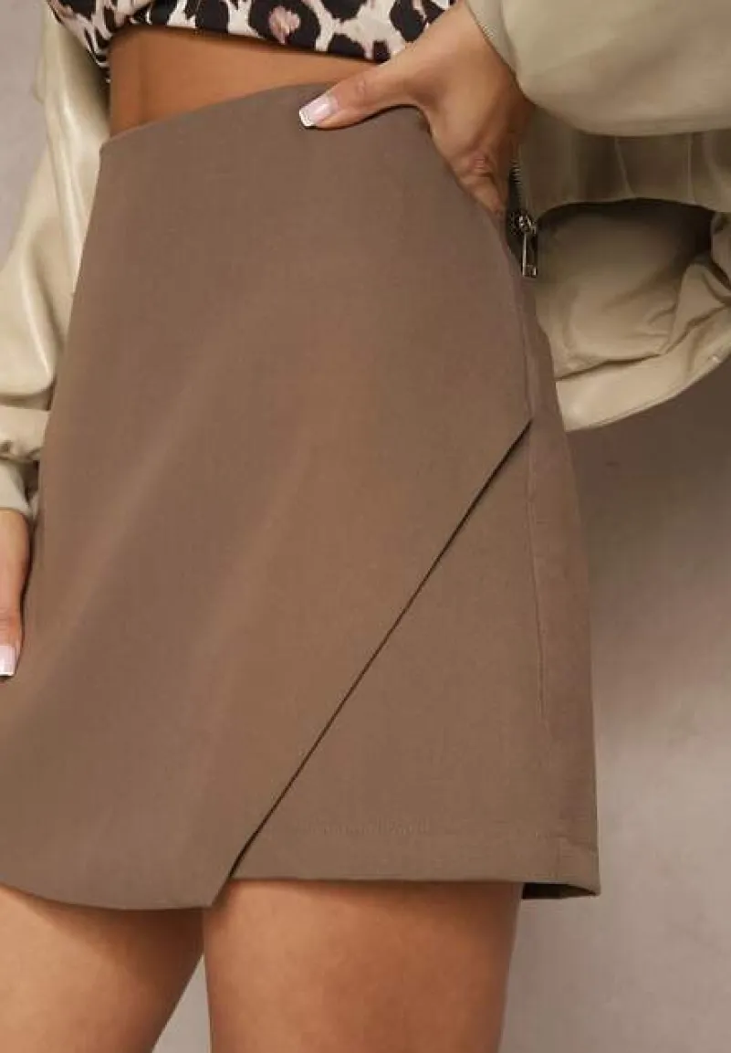 Brązowe Asymetryczne Spódnico-Szorty z Wiskozą High Waist Iselora