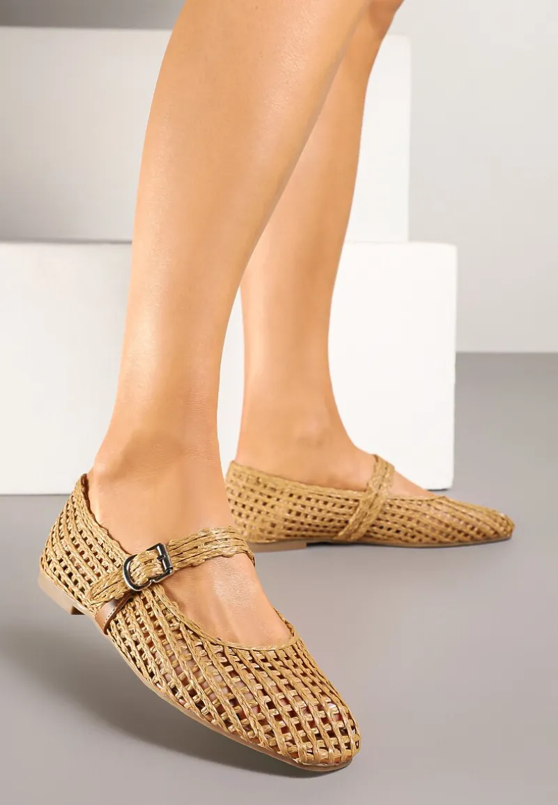 Brązowe Ażurowe Balerinki w Stylu Mary Jane z Plecioną Cholewką Deraelle
