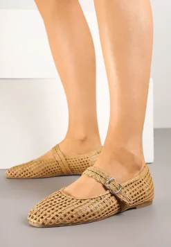Brązowe Ażurowe Balerinki w Stylu Mary Jane z Plecioną Cholewką Deraelle