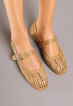 Brązowe Ażurowe Balerinki w Stylu Mary Jane z Plecioną Cholewką Deraelle