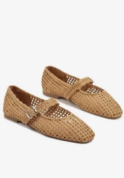 Brązowe Ażurowe Balerinki w Stylu Mary Jane z Plecioną Cholewką Deraelle