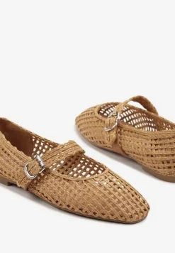 Brązowe Ażurowe Balerinki w Stylu Mary Jane z Plecioną Cholewką Deraelle