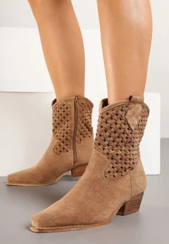 Brązowe Ażurowe Botki Kowbojki ze Szpiczastym Noskiem na Stożkowym Słupku Ervana
