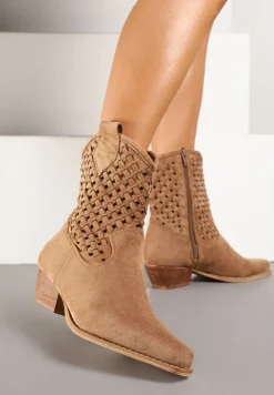 Brązowe Ażurowe Botki Kowbojki ze Szpiczastym Noskiem na Stożkowym Słupku Ervana