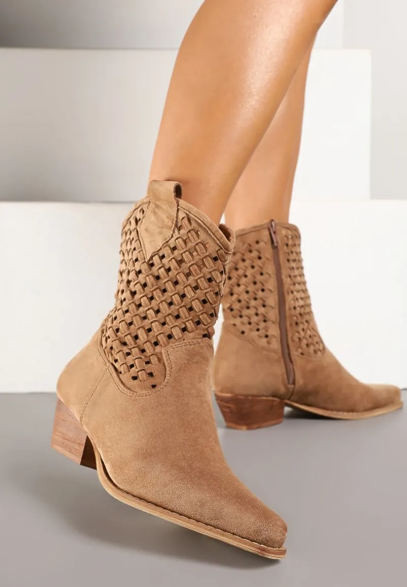 Brązowe Ażurowe Botki Kowbojki ze Szpiczastym Noskiem na Stożkowym Słupku Ervana