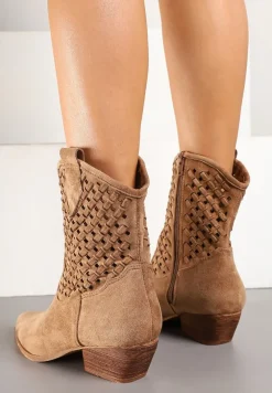 Brązowe Ażurowe Botki Kowbojki ze Szpiczastym Noskiem na Stożkowym Słupku Ervana
