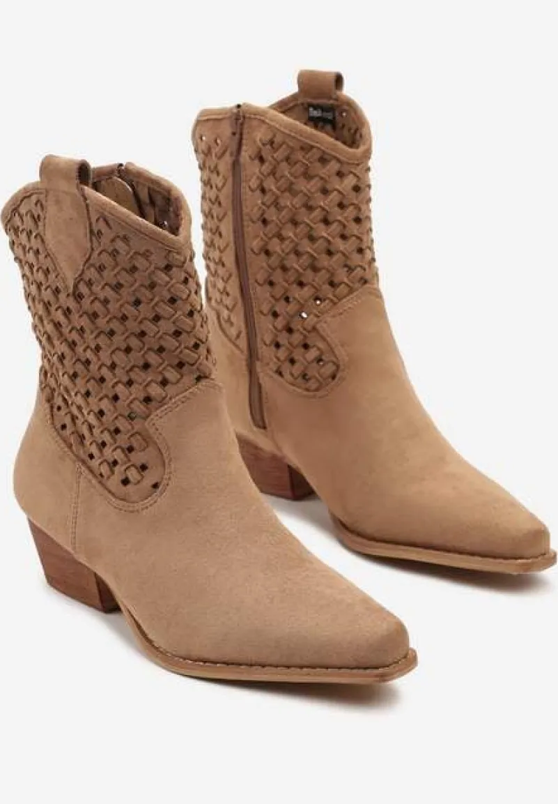 Brązowe Ażurowe Botki Kowbojki ze Szpiczastym Noskiem na Stożkowym Słupku Ervana