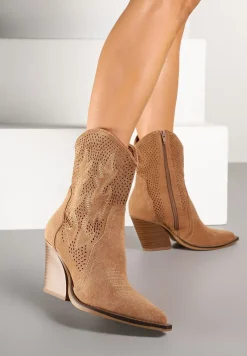 Brązowe Ażurowe Botki Kowbojki na Stożkowym Obcasie Leanorin