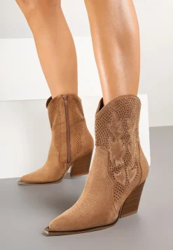 Brązowe Ażurowe Botki Kowbojki na Stożkowym Obcasie Leanorin