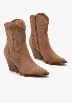 Brązowe Ażurowe Botki Kowbojki na Stożkowym Obcasie Leanorin