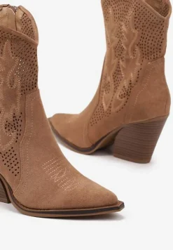 Brązowe Ażurowe Botki Kowbojki na Stożkowym Obcasie Leanorin