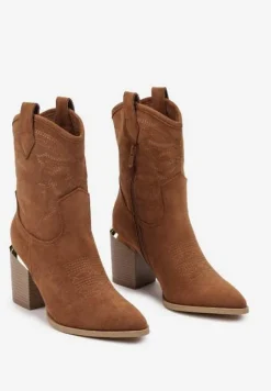 Brązowe Ażurowe Botki na Słupku w Kowbojskim Stylu Mevith