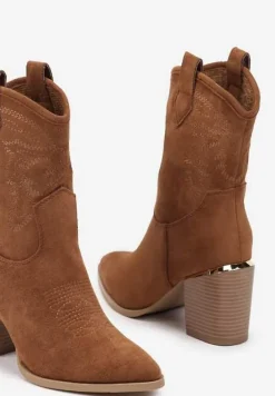 Brązowe Ażurowe Botki na Słupku w Kowbojskim Stylu Mevith