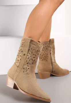 Brązowe Ażurowe Botki Typu Kowbojki z Kwiatami i Przeszyciami na Ściętym Obcasie Glossia