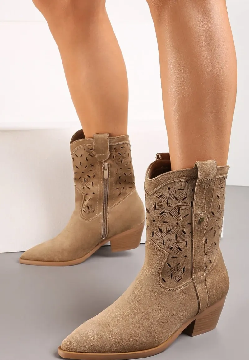 Brązowe Ażurowe Botki Typu Kowbojki z Kwiatami i Przeszyciami na Ściętym Obcasie Glossia