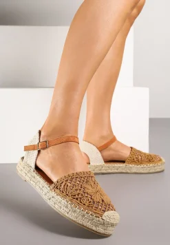 Brązowe Ażurowe Sandały Espadryle Ozdobione Plecionką Ralarelle
