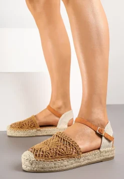 Brązowe Ażurowe Sandały Espadryle Ozdobione Plecionką Ralarelle