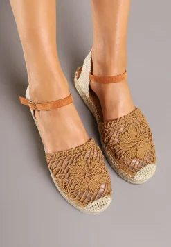 Brązowe Ażurowe Sandały Espadryle Ozdobione Plecionką Ralarelle