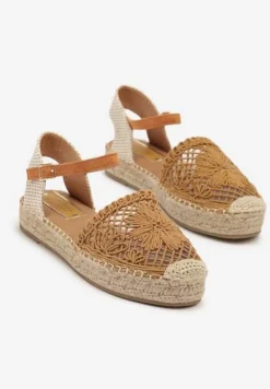 Brązowe Ażurowe Sandały Espadryle Ozdobione Plecionką Ralarelle